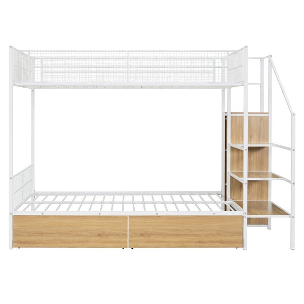 HomeRoots White Twin Over Full Bunk Bed with Stairs & Storage - Stylish, Space-Saving Solution for Kids' Rooms 590494