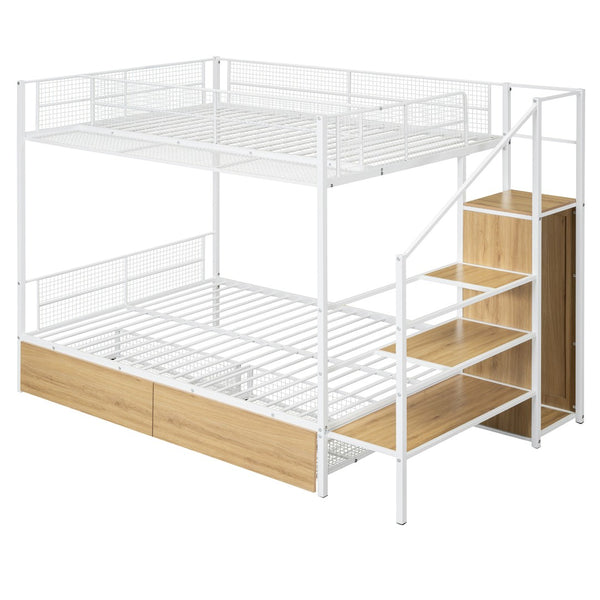 HomeRoots White Twin Over Full Bunk Bed with Stairs & Storage - Stylish, Space-Saving Solution for Kids' Rooms 590494