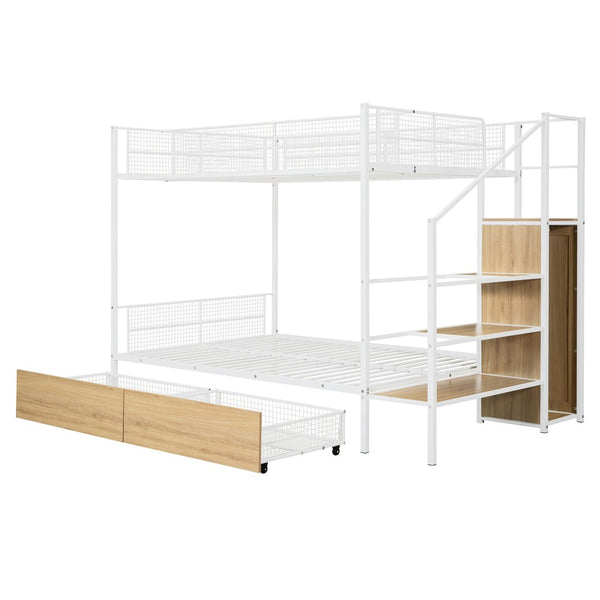 HomeRoots White Twin Over Full Bunk Bed with Stairs & Storage - Stylish, Space-Saving Solution for Kids' Rooms 590494