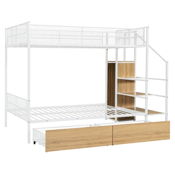 HomeRoots White Twin Over Full Bunk Bed with Stairs & Storage - Stylish, Space-Saving Solution for Kids' Rooms 590494