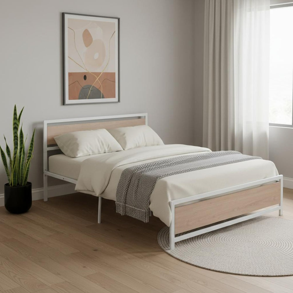 HomeRoots White Metal Queen Bed Frame - Elegant Design, Sturdy Construction, Low-Profile Aesthetic, Easy Assembly 590495