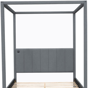 HomeRoots Gray Tufted Upholstered Queen Canopy Bed - Elegant Design, Cozy Comfort & Versatile Style for Your Retreat 590496