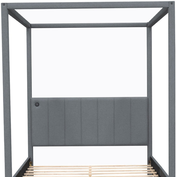 HomeRoots Gray Tufted Upholstered Queen Canopy Bed - Elegant Design, Cozy Comfort & Versatile Style for Your Retreat 590496