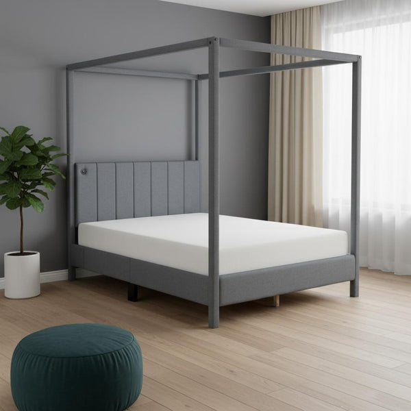 HomeRoots Gray Tufted Upholstered Queen Canopy Bed - Elegant Design, Cozy Comfort & Versatile Style for Your Retreat 590496