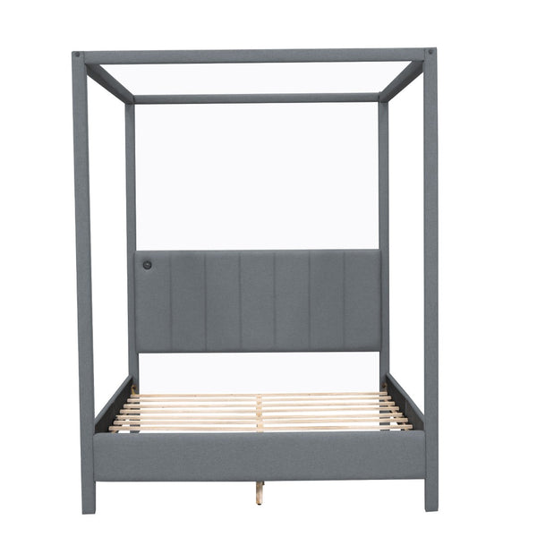 HomeRoots Gray Tufted Upholstered Queen Canopy Bed - Elegant Design, Cozy Comfort & Versatile Style for Your Retreat 590496