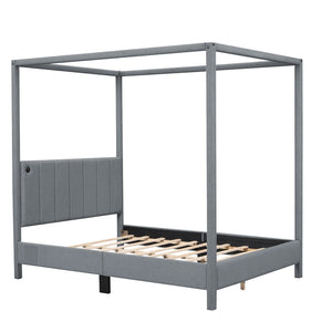 HomeRoots Gray Tufted Upholstered Queen Canopy Bed - Elegant Design, Cozy Comfort & Versatile Style for Your Retreat 590496
