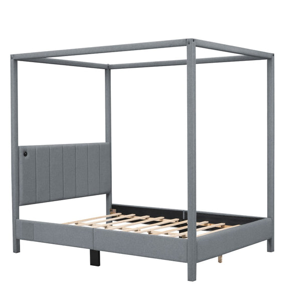 HomeRoots Gray Tufted Upholstered Queen Canopy Bed - Elegant Design, Cozy Comfort & Versatile Style for Your Retreat 590496