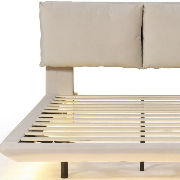 HomeRoots Beige Tufted Upholstered Queen Bed Frame with USB Charging & LED Lights for Modern Bedrooms 590499