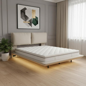 HomeRoots Beige Tufted Upholstered Queen Bed Frame with USB Charging & LED Lights for Modern Bedrooms 590499