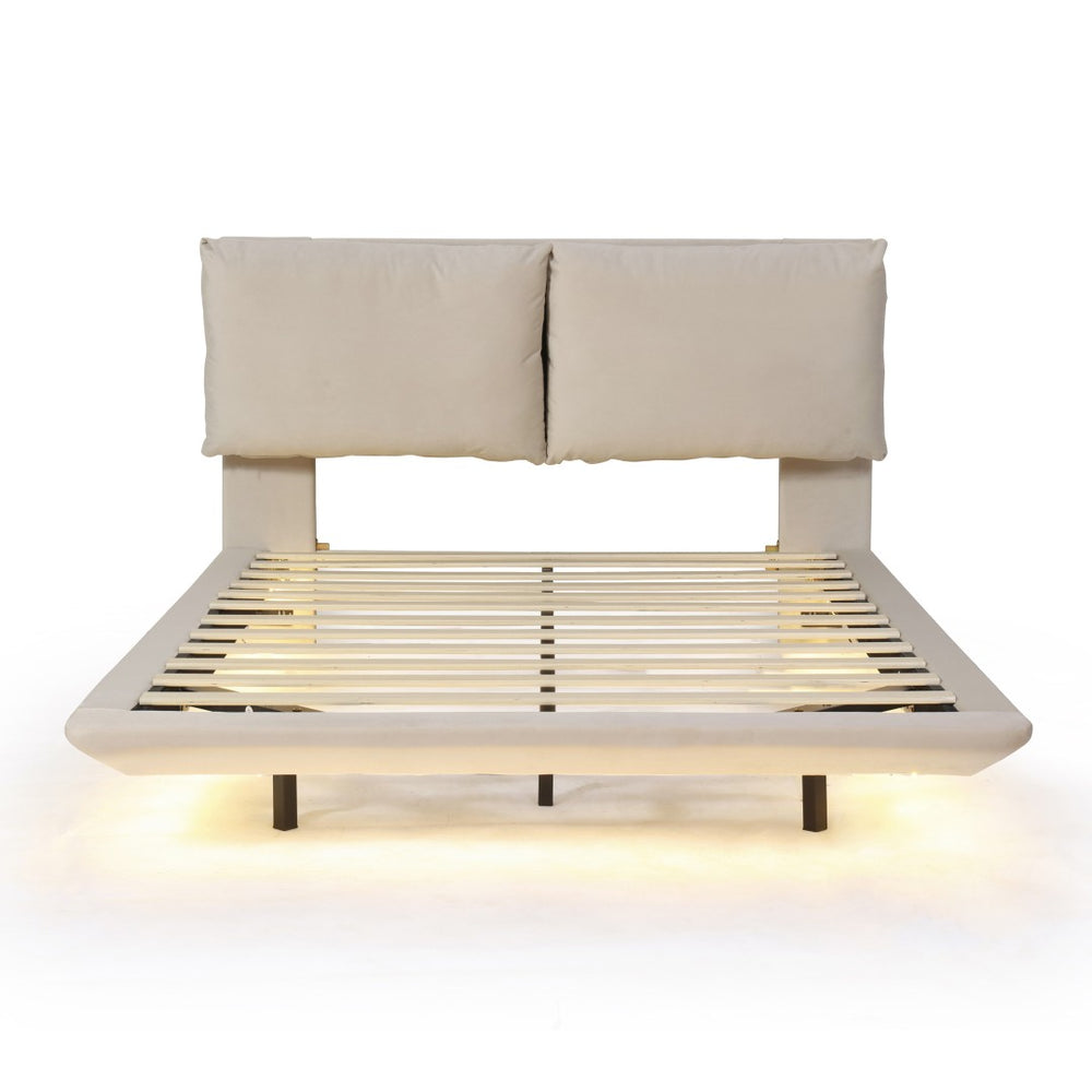 HomeRoots Beige Tufted Upholstered Queen Bed Frame with USB Charging & LED Lights for Modern Bedrooms 590499