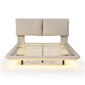 HomeRoots Beige Tufted Upholstered Queen Bed Frame with USB Charging & LED Lights for Modern Bedrooms 590499