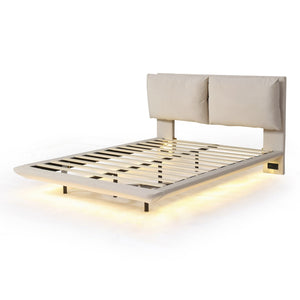 HomeRoots Beige Tufted Upholstered Queen Bed Frame with USB Charging & LED Lights for Modern Bedrooms 590499