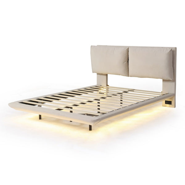 HomeRoots Beige Tufted Upholstered Queen Bed Frame with USB Charging & LED Lights for Modern Bedrooms 590499