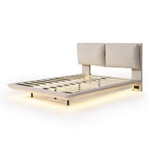 HomeRoots Beige Tufted Upholstered Queen Bed Frame with USB Charging & LED Lights for Modern Bedrooms 590499