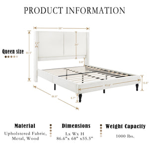 English Elm Queen Plush Upholstered Bed Frame with 55.5" High Headboard, Bouclé Style, 12-Slat Support, 1000lb Capacity White 64.96 L x 31.5 W x 8.07 H W1716P335676