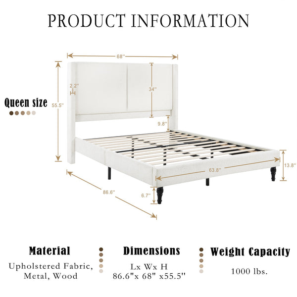 English Elm Queen Plush Upholstered Bed Frame with 55.5" High Headboard, Bouclé Style, 12-Slat Support, 1000lb Capacity White 64.96 L x 31.5 W x 8.07 H W1716P335676