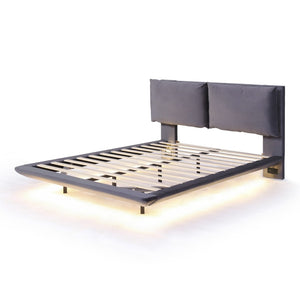 HomeRoots Gray Tufted Upholstered Queen Bed Frame with LED Lighting, USB Charging & Modern Elegance 590500