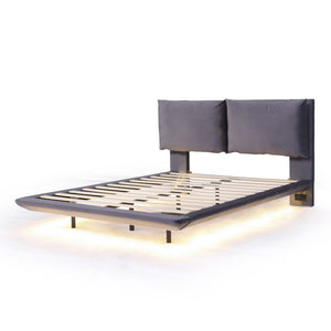 HomeRoots Gray Tufted Upholstered Queen Bed Frame with LED Lighting, USB Charging & Modern Elegance 590500