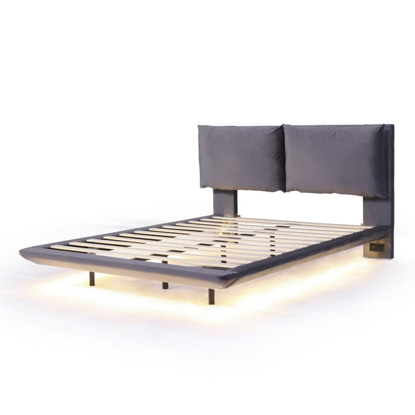 HomeRoots Gray Tufted Upholstered Queen Bed Frame with LED Lighting, USB Charging & Modern Elegance 590500