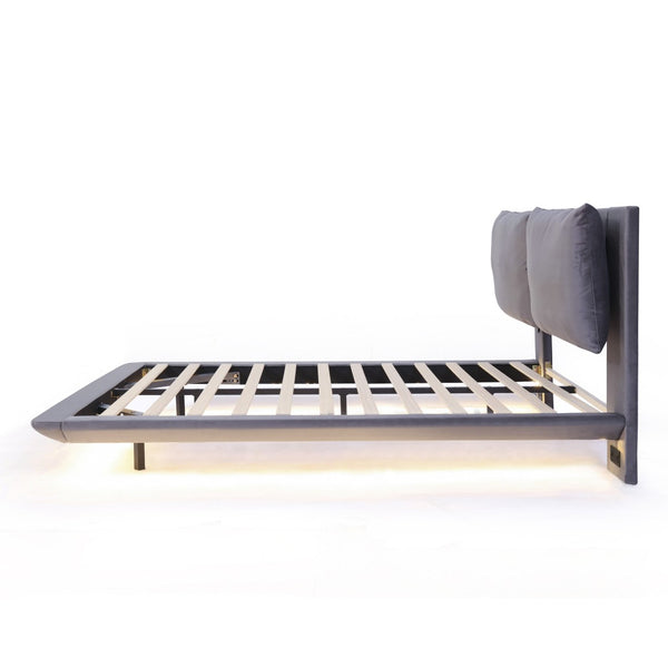 HomeRoots Gray Tufted Upholstered Queen Bed Frame with LED Lighting, USB Charging & Modern Elegance 590500