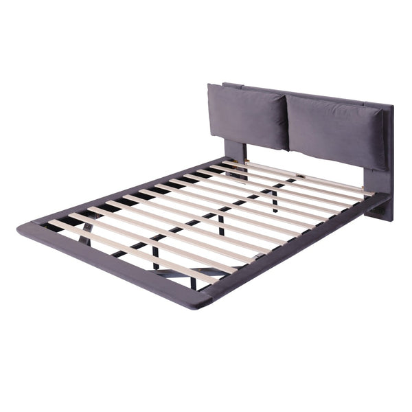 HomeRoots Gray Tufted Upholstered Queen Bed Frame with LED Lighting, USB Charging & Modern Elegance 590500