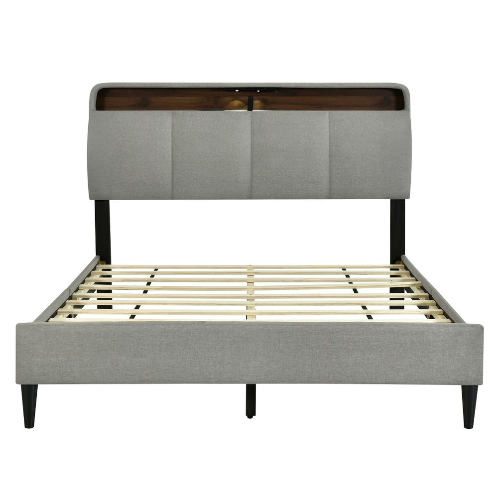 HomeRoots Gray Tufted Upholstered Queen Bed Frame with USB Port – Elegant Design for Modern Bedrooms 590502
