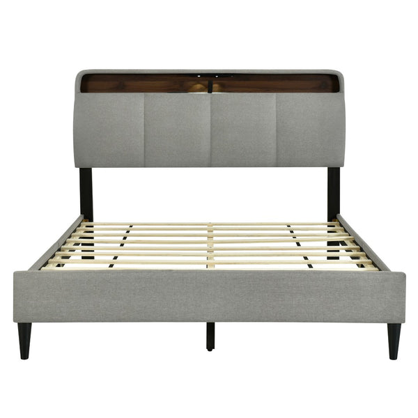 HomeRoots Gray Tufted Upholstered Queen Bed Frame with USB Port – Elegant Design for Modern Bedrooms 590502