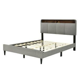 HomeRoots Gray Tufted Upholstered Queen Bed Frame with USB Port – Elegant Design for Modern Bedrooms 590502