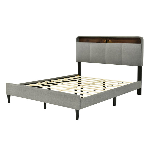 HomeRoots Gray Tufted Upholstered Queen Bed Frame with USB Port – Elegant Design for Modern Bedrooms 590502