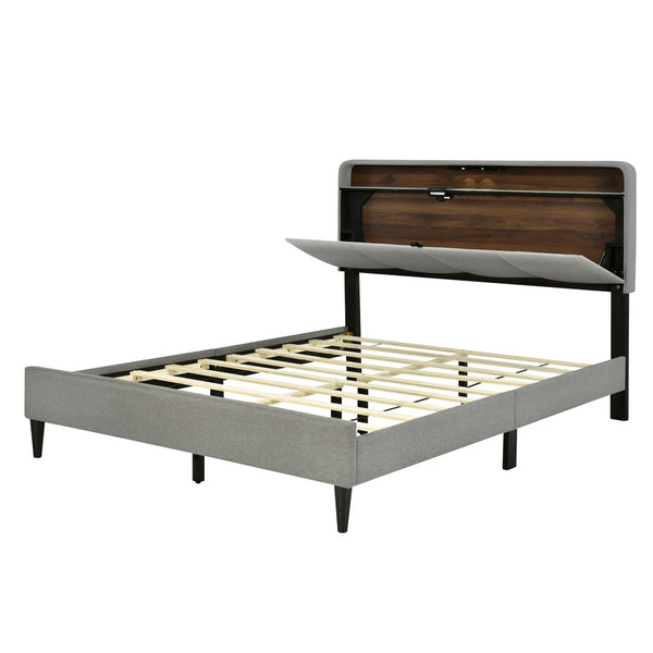 HomeRoots Gray Tufted Upholstered Queen Bed Frame with USB Port – Elegant Design for Modern Bedrooms 590502