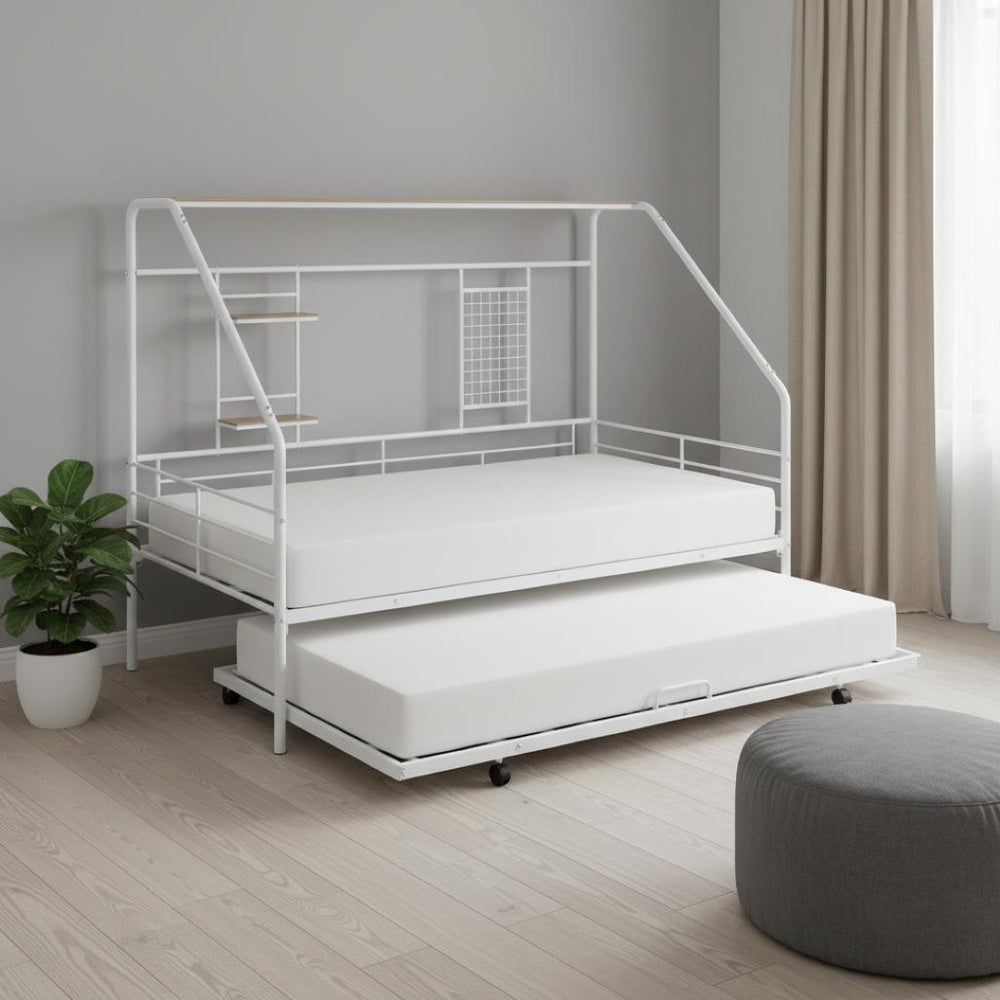 HomeRoots White Metal Full House Bed with Trundle - Modern Design, Durable Support, and Sleek Style for Any Room 590503