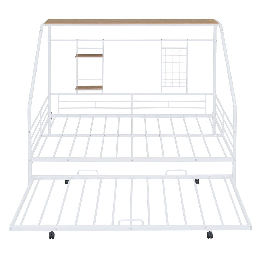 HomeRoots White Metal Full House Bed with Trundle - Modern Design, Durable Support, and Sleek Style for Any Room 590503