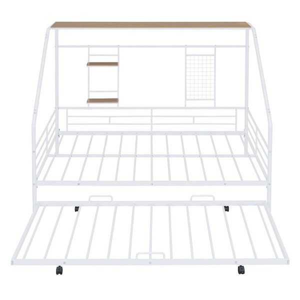 HomeRoots White Metal Full House Bed with Trundle - Modern Design, Durable Support, and Sleek Style for Any Room 590503