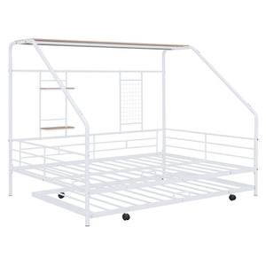 HomeRoots White Metal Full House Bed with Trundle - Modern Design, Durable Support, and Sleek Style for Any Room 590503