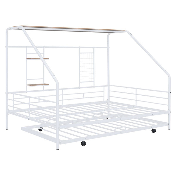 HomeRoots White Metal Full House Bed with Trundle - Modern Design, Durable Support, and Sleek Style for Any Room 590503