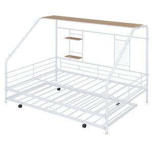 HomeRoots White Metal Full House Bed with Trundle - Modern Design, Durable Support, and Sleek Style for Any Room 590503