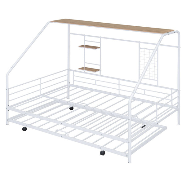 HomeRoots White Metal Full House Bed with Trundle - Modern Design, Durable Support, and Sleek Style for Any Room 590503