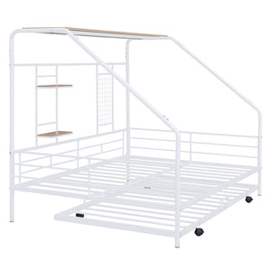 HomeRoots White Metal Full House Bed with Trundle - Modern Design, Durable Support, and Sleek Style for Any Room 590503