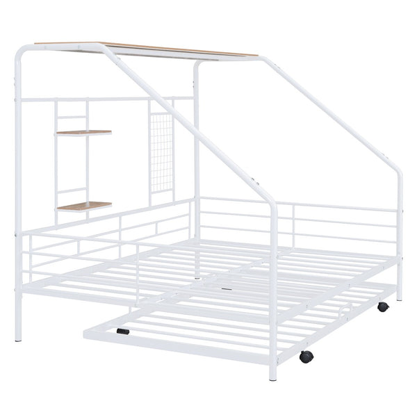 HomeRoots White Metal Full House Bed with Trundle - Modern Design, Durable Support, and Sleek Style for Any Room 590503