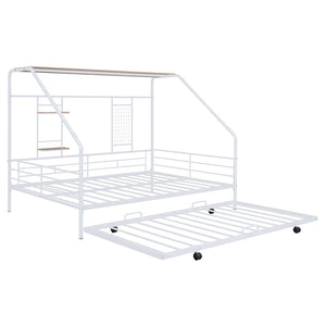 HomeRoots White Metal Full House Bed with Trundle - Modern Design, Durable Support, and Sleek Style for Any Room 590503