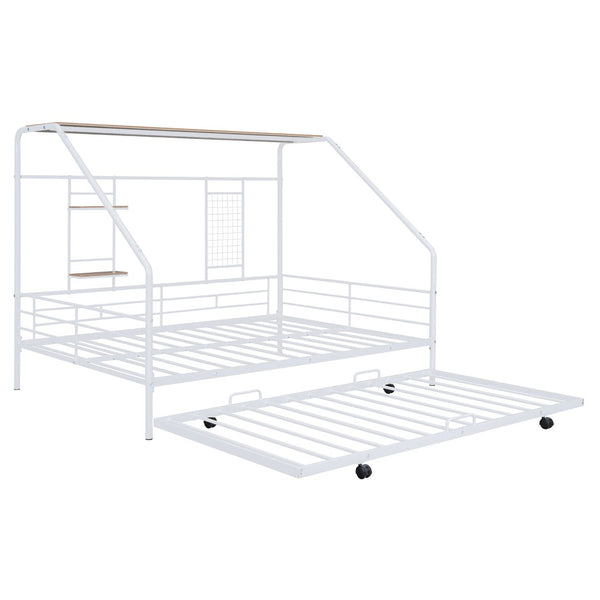 HomeRoots White Metal Full House Bed with Trundle - Modern Design, Durable Support, and Sleek Style for Any Room 590503