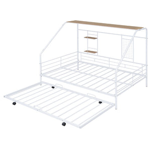 HomeRoots White Metal Full House Bed with Trundle - Modern Design, Durable Support, and Sleek Style for Any Room 590503