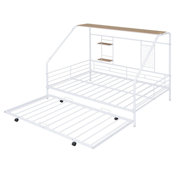 HomeRoots White Metal Full House Bed with Trundle - Modern Design, Durable Support, and Sleek Style for Any Room 590503