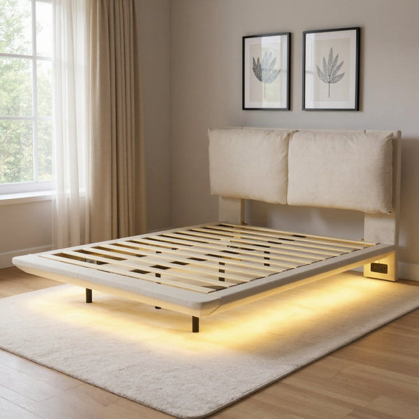 HomeRoots Beige Tufted Upholstered Full Bed Frame with USB Charging & LED Lights for Modern Bedrooms 590504