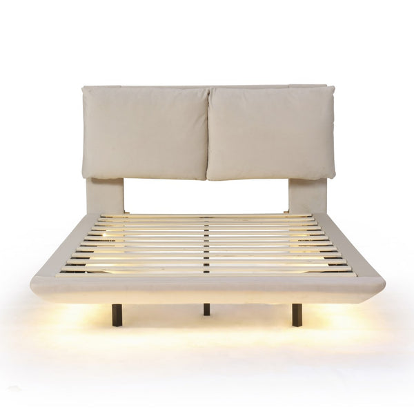 HomeRoots Beige Tufted Upholstered Full Bed Frame with USB Charging & LED Lights for Modern Bedrooms 590504