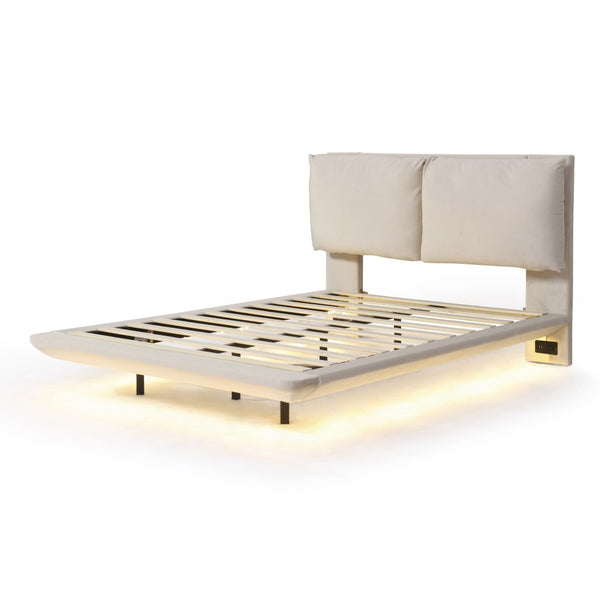 HomeRoots Beige Tufted Upholstered Full Bed Frame with USB Charging & LED Lights for Modern Bedrooms 590504