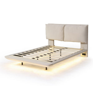 HomeRoots Beige Tufted Upholstered Full Bed Frame with USB Charging & LED Lights for Modern Bedrooms 590504