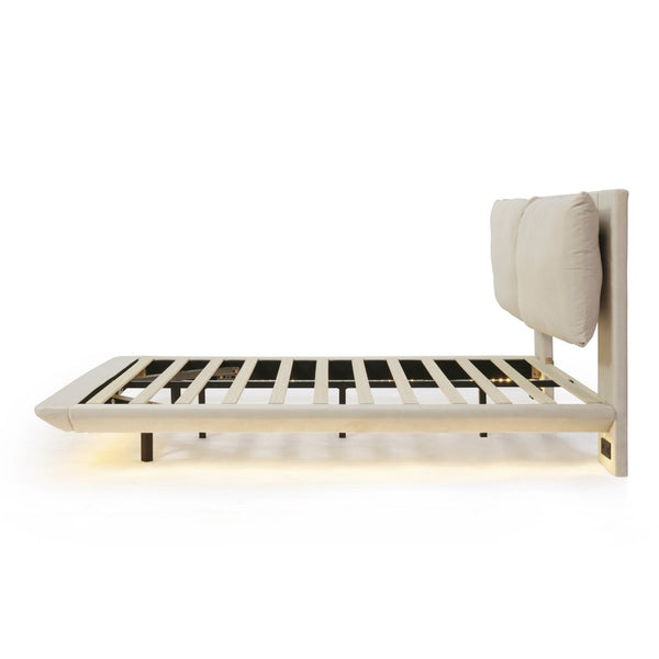 HomeRoots Beige Tufted Upholstered Full Bed Frame with USB Charging & LED Lights for Modern Bedrooms 590504