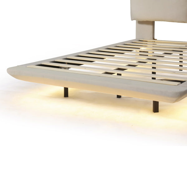 HomeRoots Beige Tufted Upholstered Full Bed Frame with USB Charging & LED Lights for Modern Bedrooms 590504