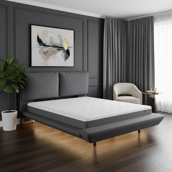 HomeRoots Gray Tufted Upholstered Full Bed Frame with USB Port, LED Lighting & Modern Design for Comfort 590505